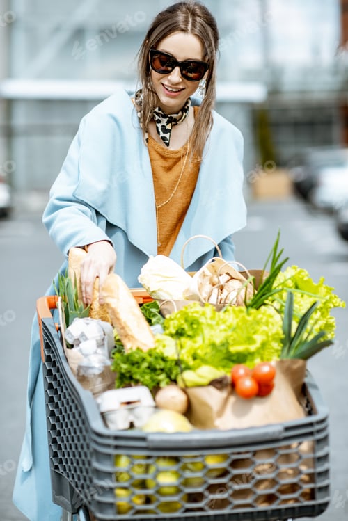 Preview: Woman with shopping cart full of food outdooors