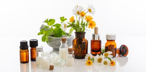 Preview: Wild flowers and herbs, medical glass containers isolated on white background
