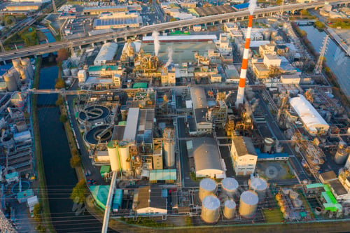 Preview: Petrochemical oil refinery and sea in industrial engineering, urban city. Oil and gas tanks