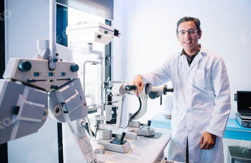 Preview: Portrait of handsome eye doctor sitting with ophthalmologic device in the cabinet
