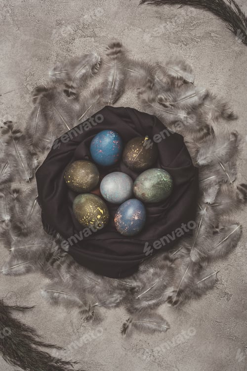 Preview: top view of easter eggs in nest with feathers on concrete surface
