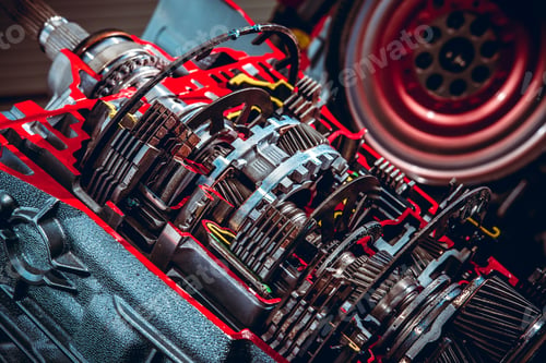 Preview: Car gearbox. Transmission closeup at the service station