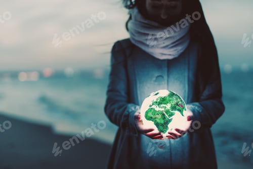 Preview: Earth globe glowing in woman's hands on the beach at night.