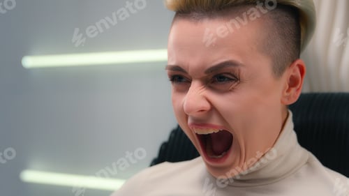 Preview: Caucasian woman annoyed crazy girl female angry mad furious scream futuristic cyberspace problem