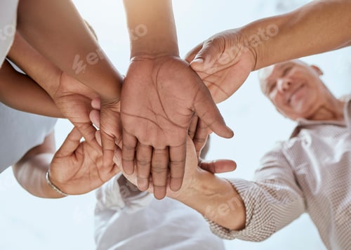 Preview: Community, support and hands of family in nature with bottom view for growth, happy or teamwork min