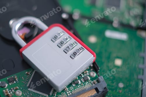 Preview: Encrypted hard disk. Padlock with cipher on an opened hard disk.