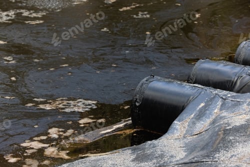 Preview: Oil spill in the ocean. Oil pipeline. Oil spill in a water body. Threat to the environment.
