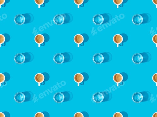 Preview: top view of cups of fresh coffee and glasses of water on blue, seamless background pattern