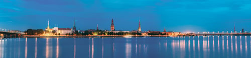 Preview: Riga, Latvia. Panoramic Picturesque Urban View Of Daugava Or Western Dvina River In Central Part Of