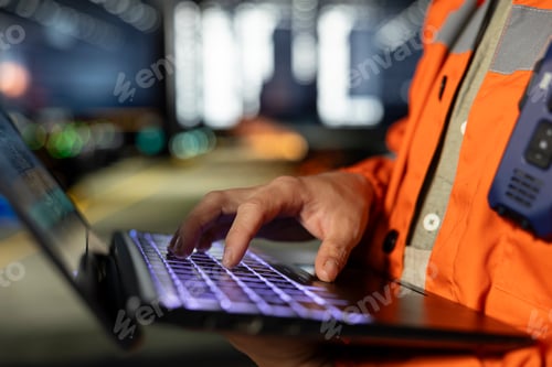 Preview: Close up of personnel in protective gear analyzes logistics via laptop