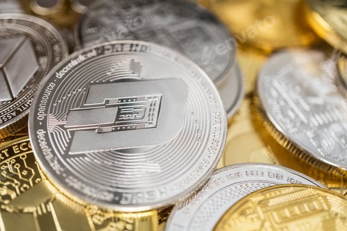 Preview: Close-Up of Dash Physical Coin On Stack of Many Other Cryptocurrencies