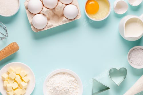 Preview: Baking or cooking background. Ingredients, kitchen items for baking.