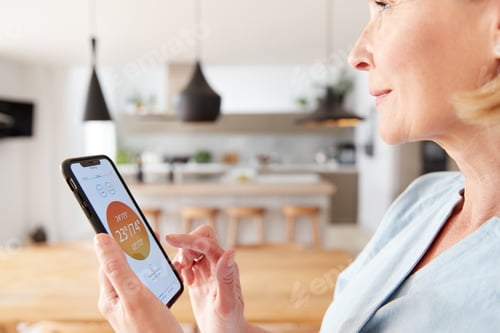 Preview: Mature Woman Using App On Digital Tablet To Control Central Heating Temperature In House