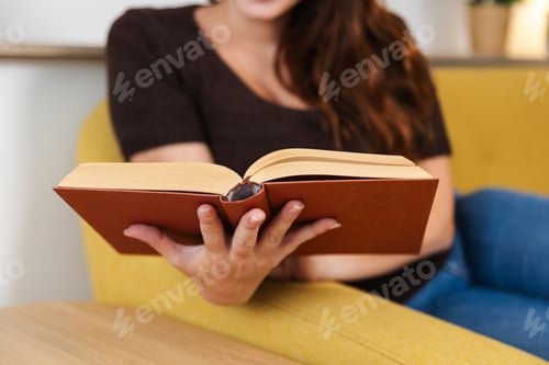 Preview: Young woman reading a book while relaxing on sofa in modern living room