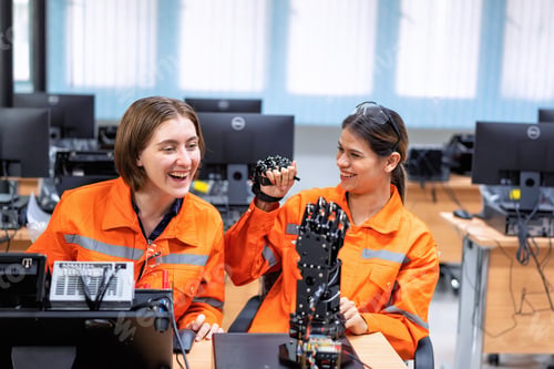 Preview: Girl engineer in robot industry fabrication research room simulate testing robot arm on operation