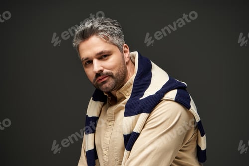Preview: Stylish man with bristle showcases trendy outfit in modern studio setting