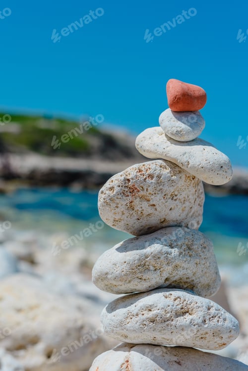 Preview: Heap Of Stones- Cobble. Boulders On The Beach On Background Of Blue Sky- Abstract Natural Landscape