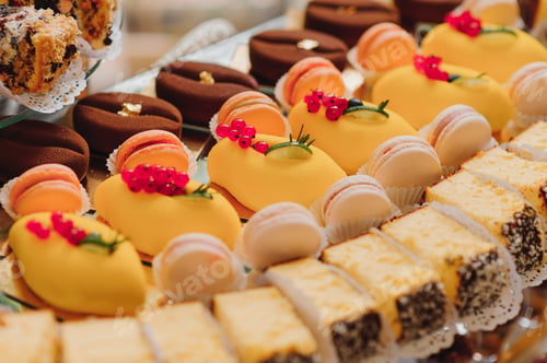 Preview: desserts with fruits, mousse, biscuits. Different types of sweet pastries