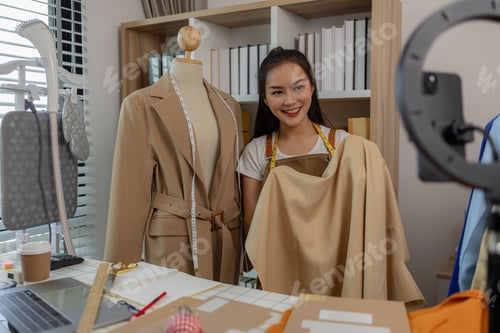 Preview: female fashion designer is explaining about her designs to customer watching her live