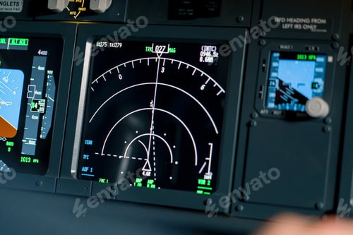 Preview: A detailed shot of the control and navigation panel in the cockpit of a Simulator passenger plane