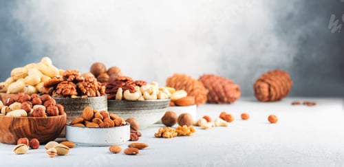 Preview: Cashews, hazelnuts, walnuts, pecans, almonds and other. Healthy food snack mix on gray table