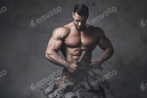 Preview: Bodybuilder made himself from piece of stone. Concept of self improvement and bodybuilding progress.