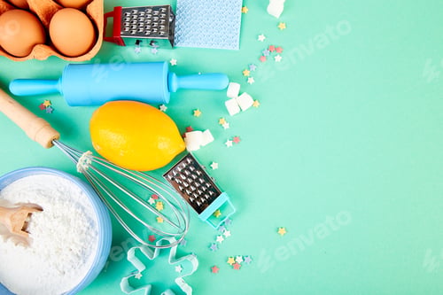 Preview: Baking or cooking ingredients. Bakery frame. Dessert ingredients and utensils