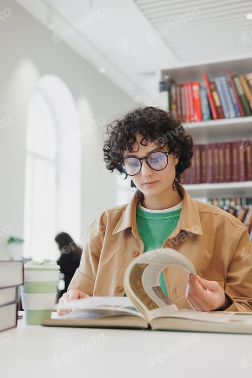 Preview: study online or work online. a millennial woman with glasses is engaged in scientific work or restin