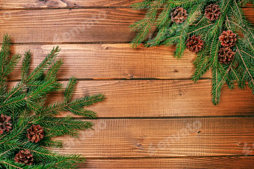 Preview: Wooden background with Christmas tree and cones. Concept of Merr
