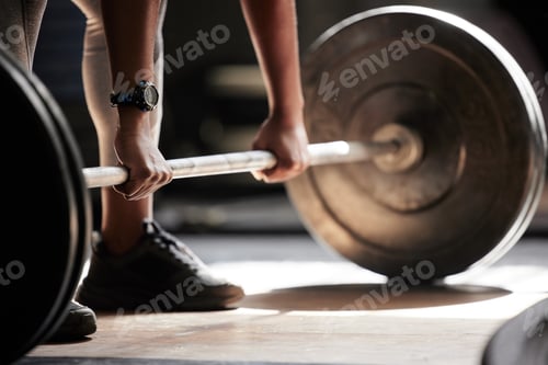 Preview: Barbell deadlift hands, strong fitness and power of black woman, athlete and bodybuilder in gym, sp