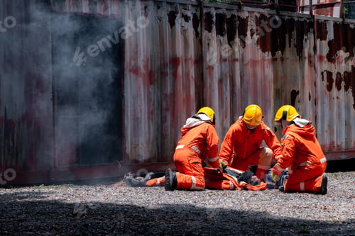 Preview: Group firefighters men wearing firefighting suit on safety rescue duty help stop breathing heart att