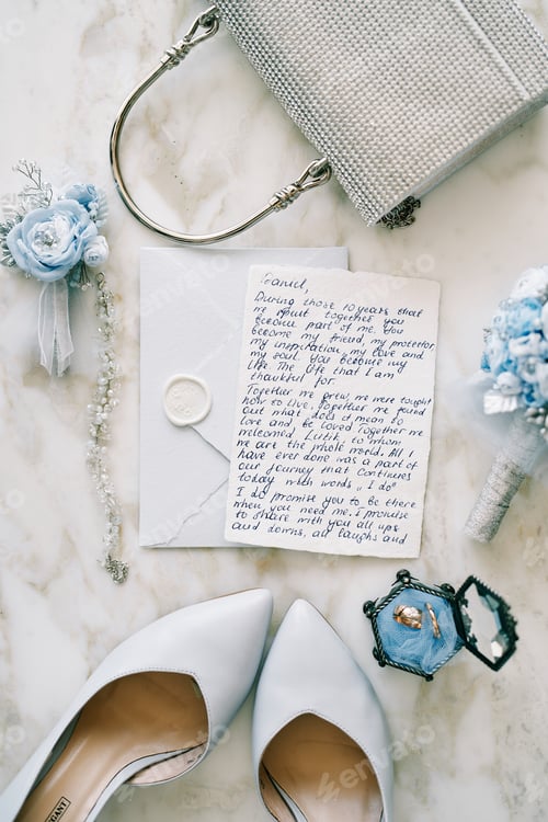 Preview: Wedding vow lies on an envelope next to the bride shoes and handbag on a marble table