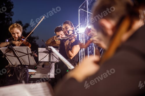 Preview: Violin players playing in orchestra at night outdoor concert