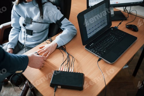 Preview: Girl passes lie detector in the office. Asking questions. Polygraph test