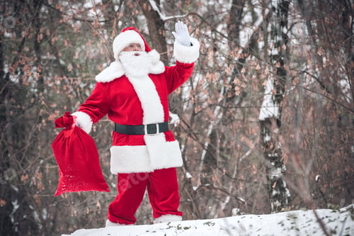 Preview: Santa Claus walking from the forest with red sack full of gifts and gesturing