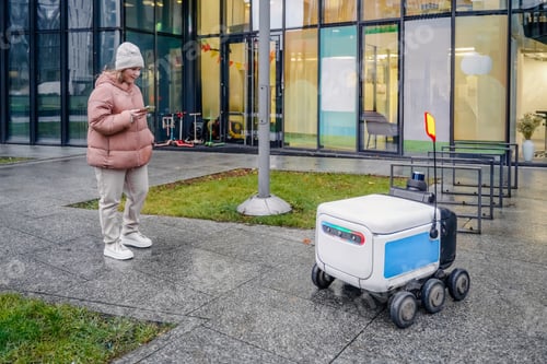 Preview: Autonomous delivery robot moves on wet sidewalk. Smartphone app tracking parcel, contactless