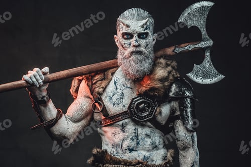 Preview: Northern warrior with pale skin in twilight with two handed axe