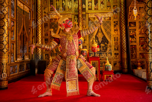 Preview: Khon or traditional Thai classic masked from the Ramakien monkey and red giant characters