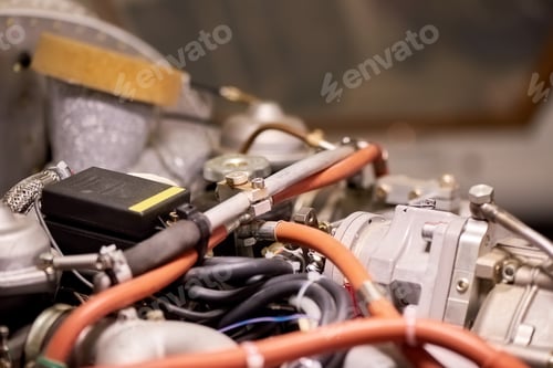 Preview: Light aircraft engine close up.