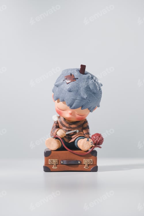 Preview: Figure of a boy sitting asleep on a vintage suitcase.