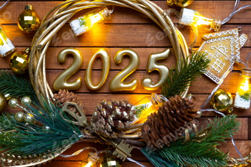 Preview: New Year House key with keychain cottage on festive brown wooden background with number 2025 in wrea