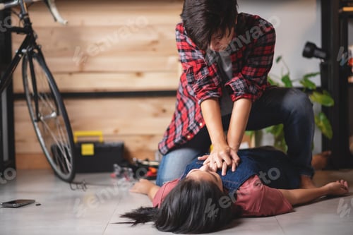 Preview: Emergency help on unconscious woman, Preparing first aids emergency CPR on heart attack woman.