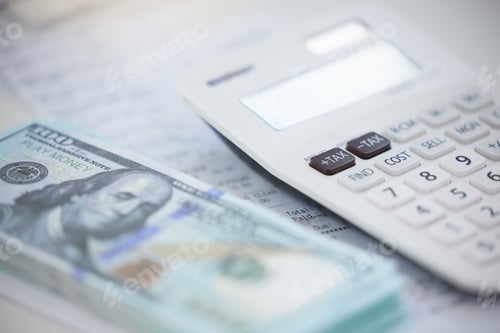 Preview: Finance, money and calculator with cash on an accounting desk in an office from above. Wealth, savi