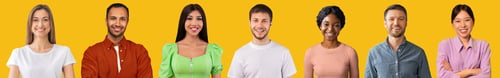 Preview: Mosaic of cheerful beautiful multiethnic people posing on yellow, collage