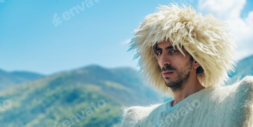 Preview: A Georgian man in a hat against the background of mountains and the sky. Selective focus.