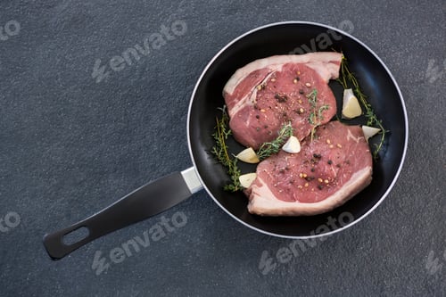 Preview: Sirloin chop and herbs in frying pan