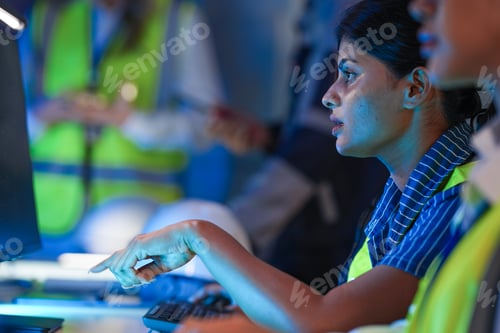 Preview: A happy, diverse team of engineers in safety vests collaborates at night.