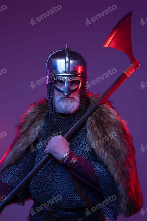Preview: Medieval old warrior wielding axe against purple background