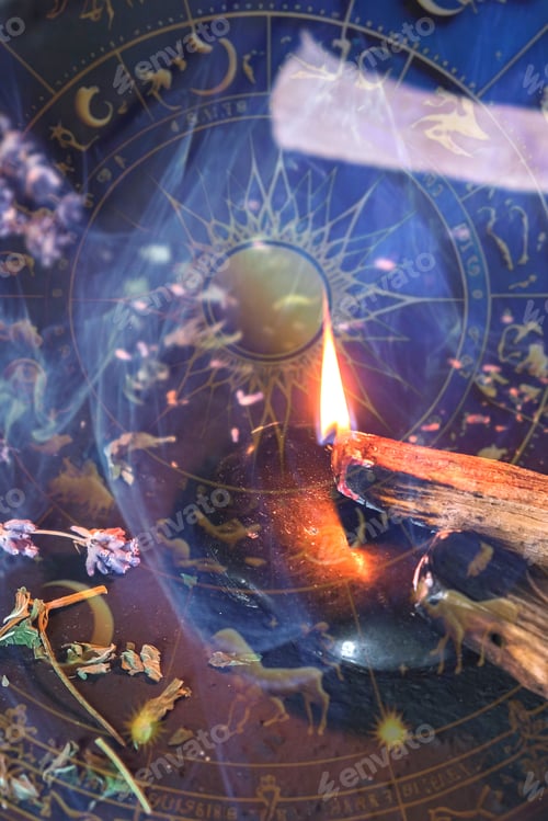 Preview: Esoteric, Occult mystical ritual scene of sorcery tarot candles, dried flowers, palo santo and tarot