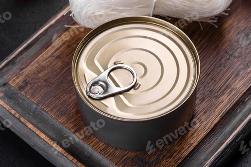 Preview: Canned delicious fresh tuna in oil with salt and spices in a tin can